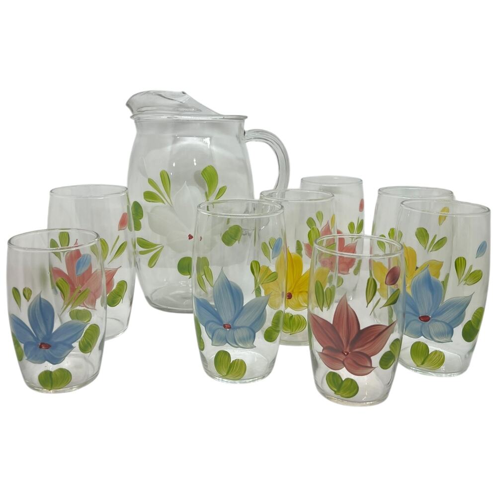 Vintage Hand Painted Floral Glass Pitcher Set 9 Piece Drinkware